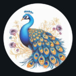 Peacock With Purple Flowers Classic Round Sticker<br><div class="desc">The beautiful peacock bird adorned with purple flowers creates a captivating and enchanting sight. The peacock, known for its resplendent plumage, showcases a mesmerizing display of vibrant blues and greens that shimmer in the sunlight. Adding to its allure, the peacock is surrounded by a lush tapestry of purple flowers, enhancing...</div>