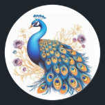 Peacock With Purple Flowers Classic Round Sticker<br><div class="desc">The beautiful peacock bird adorned with purple flowers creates a captivating and enchanting sight. The peacock, known for its resplendent plumage, showcases a mesmerizing display of vibrant blues and greens that shimmer in the sunlight. Adding to its allure, the peacock is surrounded by a lush tapestry of purple flowers, enhancing...</div>