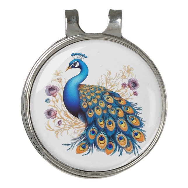 Peacock With Purple Flowers Golf Hat Clip (Front)