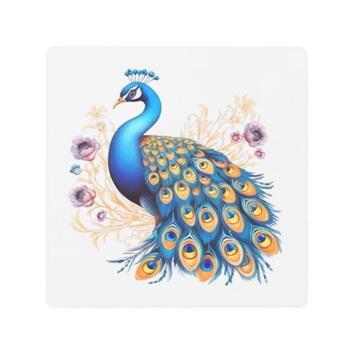 Peacock With Purple Flowers Metal Print