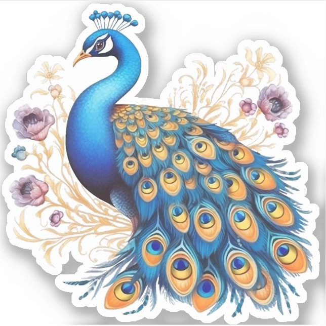 Peacock With Purple Flowers Sticker (Front)