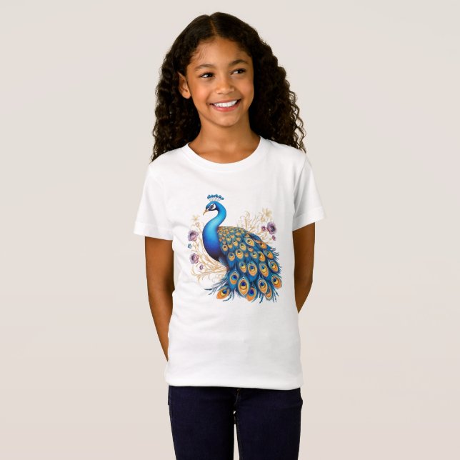 Peacock With Purple Flowers T-Shirt (Front Full)
