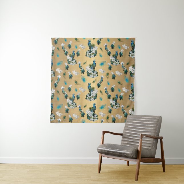 Peacocks and feathers on Gold Fabric Print Tapestry (In Situ)