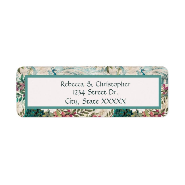 Peacocks and Flowers Teal Address Labels (Front)