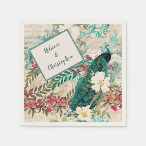 Peacocks and Flowers Teal Ivory and Gold Napkins