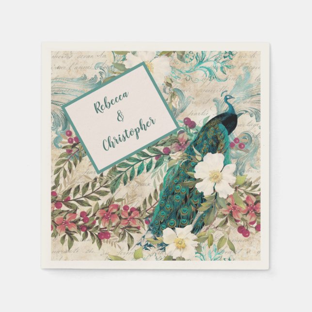 Peacocks and Flowers Teal, Ivory, and Gold Napkins (Front)