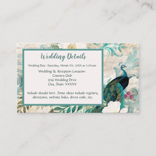 Peacocks and Flowers Teal Ivory and Gold Wedding Enclosure Card