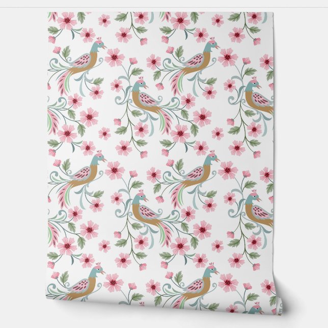 Peacocks and pink flowers wallpaper  (Unrolling)