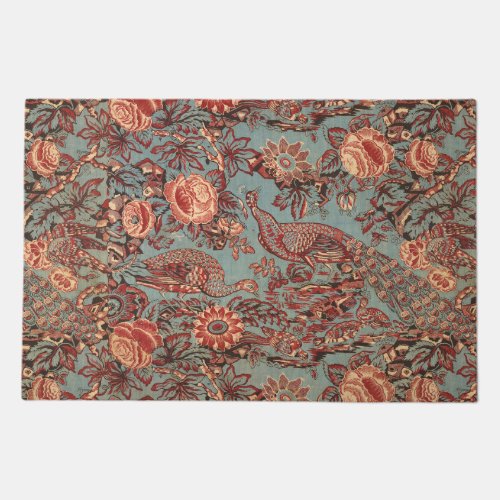 PEACOCKS AND RED PINK ROSES BLUE PAISLEY PATTERN DOORMAT
