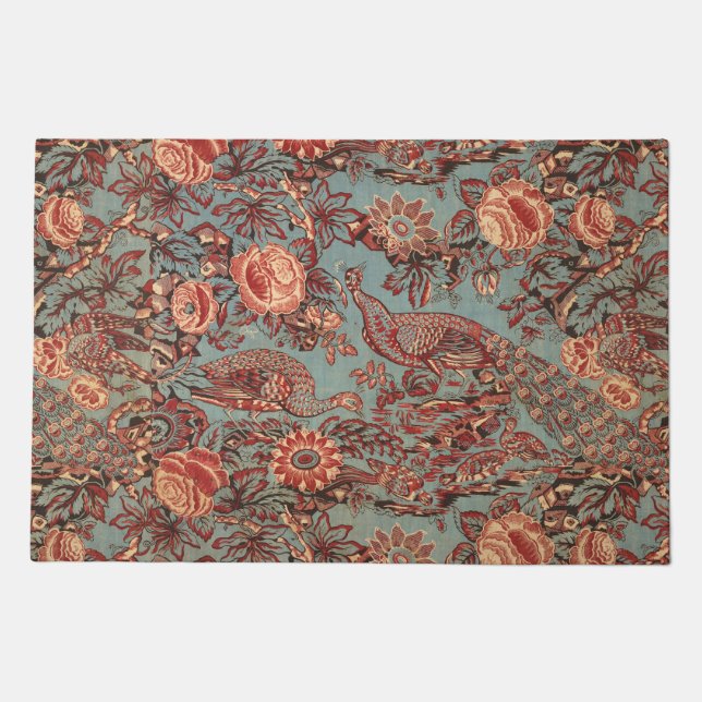 PEACOCKS AND RED PINK ROSES, BLUE PAISLEY PATTERN DOORMAT (Front)