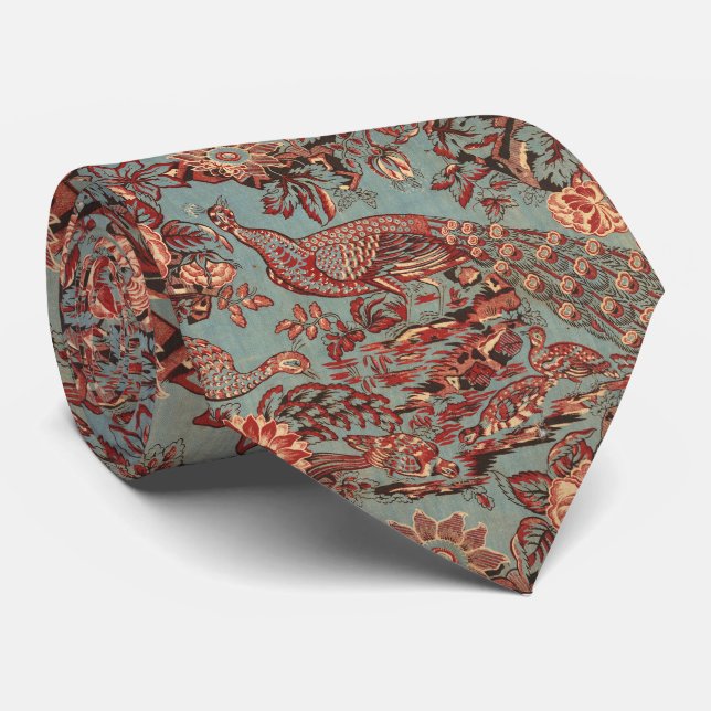 PEACOCKS AND RED PINK ROSES, BLUE PAISLEY PATTERN NECK TIE (Rolled)