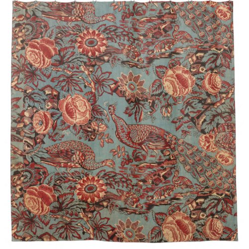 PEACOCKS AND RED PINK ROSES BLUE PAISLEY PATTERN SHOWER CURTAIN