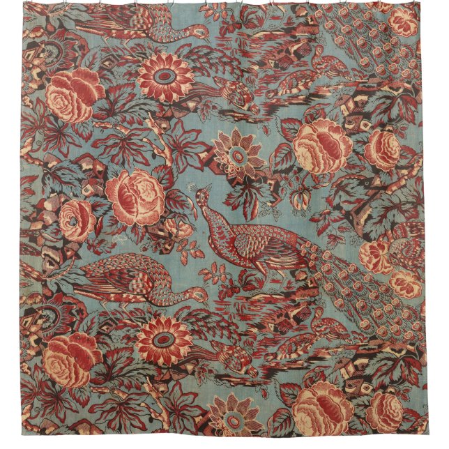 PEACOCKS AND RED PINK ROSES, BLUE PAISLEY PATTERN SHOWER CURTAIN (Front)