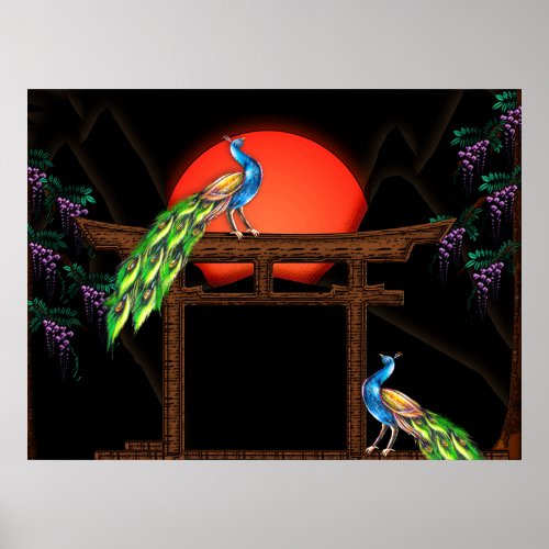 Peacocks and Rising Sun Semi_Gloss Poster Poster