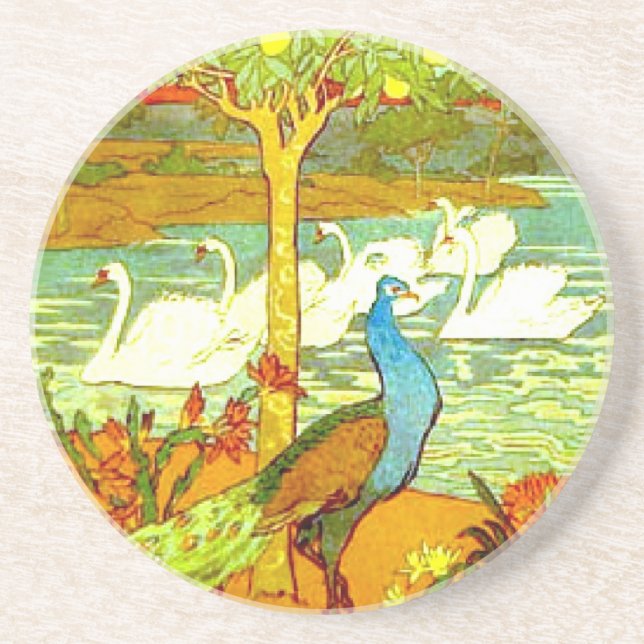 Peacocks and Swans Sandstone Coaster (Front)
