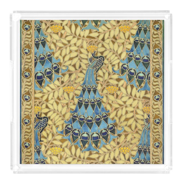 Peacocks Birds Rowan Trees Art Nouveau Acrylic Tray (Front)