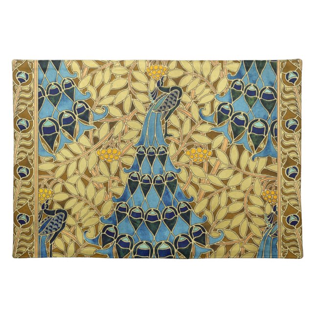 Peacocks Birds Rowan Trees Art Nouveau Cloth Placemat (Front)