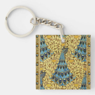 Peacocks Birds Rowan Trees Art Nouveau Keychain
