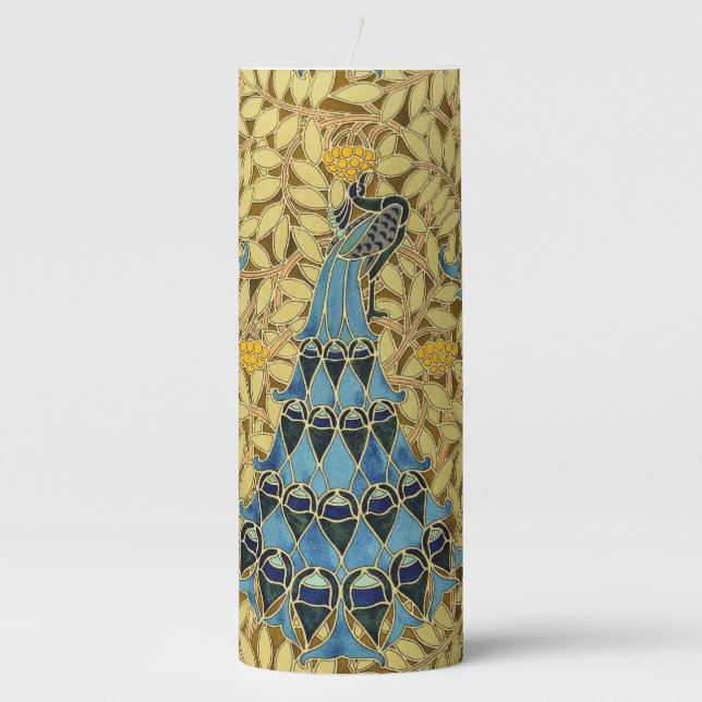 Peacocks Birds Rowan Trees Art Nouveau Pillar Candle (Front)