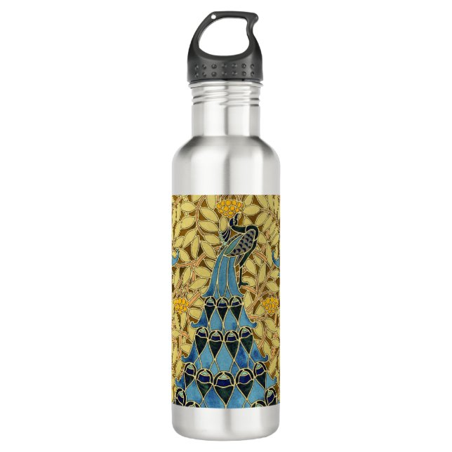 Peacocks Birds Rowan Trees Art Nouveau Stainless Steel Water Bottle (Front)