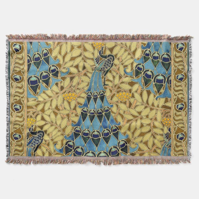 Peacocks Birds Rowan Trees Art Nouveau Throw Blanket (Front)