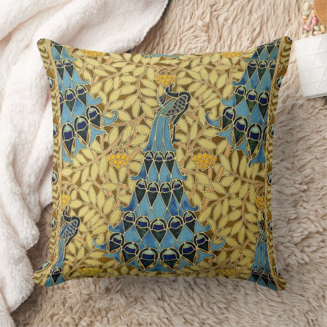 Peacocks Birds Rowan Trees Art Nouveau Throw Pillow (Blanket)
