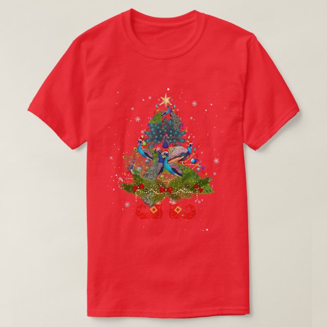 Peacocks Christmas Tree Lights Funny Santa Hat Lov T-Shirt (Design Front)