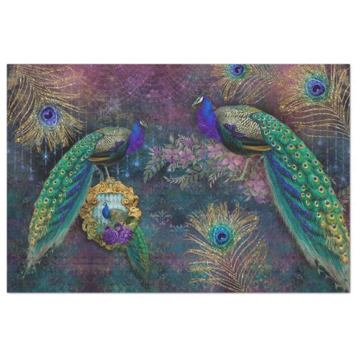 Peacocks Elegant Feathers Gold Glitter Decoupage Tissue Paper