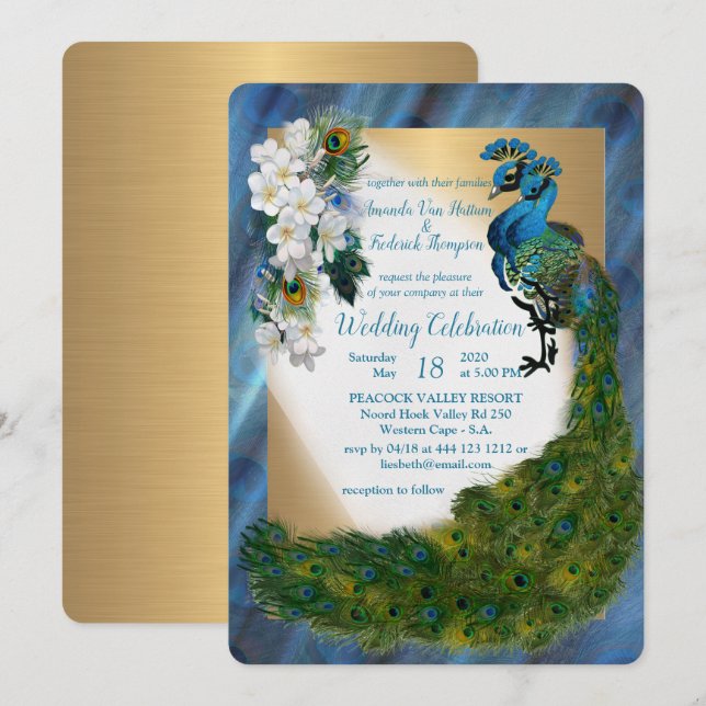 Peacocks & Emerald Green Metallic Silk & Gold Invitation (Front/Back)