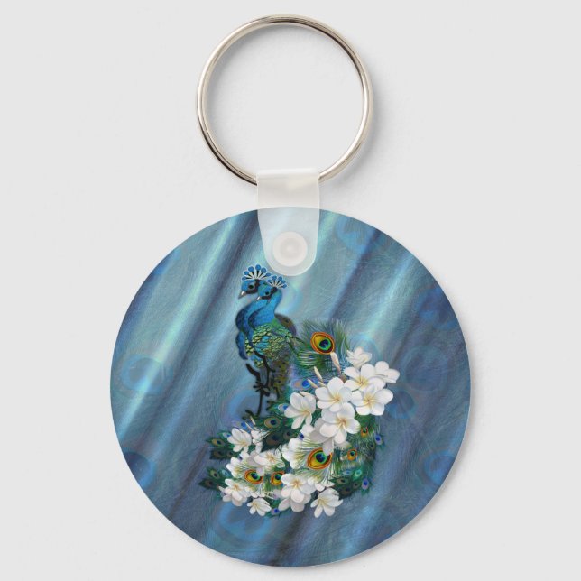 Peacocks & Emerald Green Metallic Silk Keychain (Front)