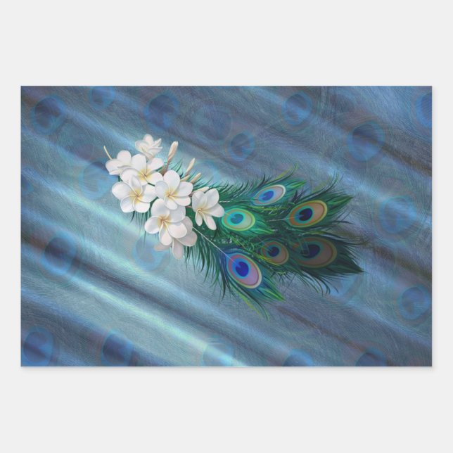Peacocks & Emerald Green Metallic Silk  Wrapping Paper Sheets (Front)