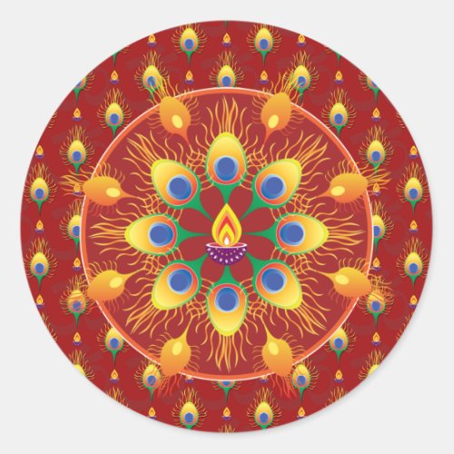 Peacocks feather Rangoli on pattern  Classic Round Sticker