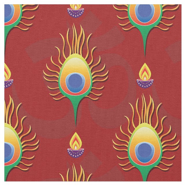 Peacocks feather with diya lamps (Diwali) Fabric (Close Up)