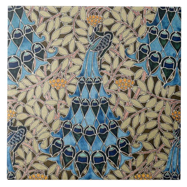 Peacocks, Fish and Seaweed Art Nouveau Ceramic Tile (Front)