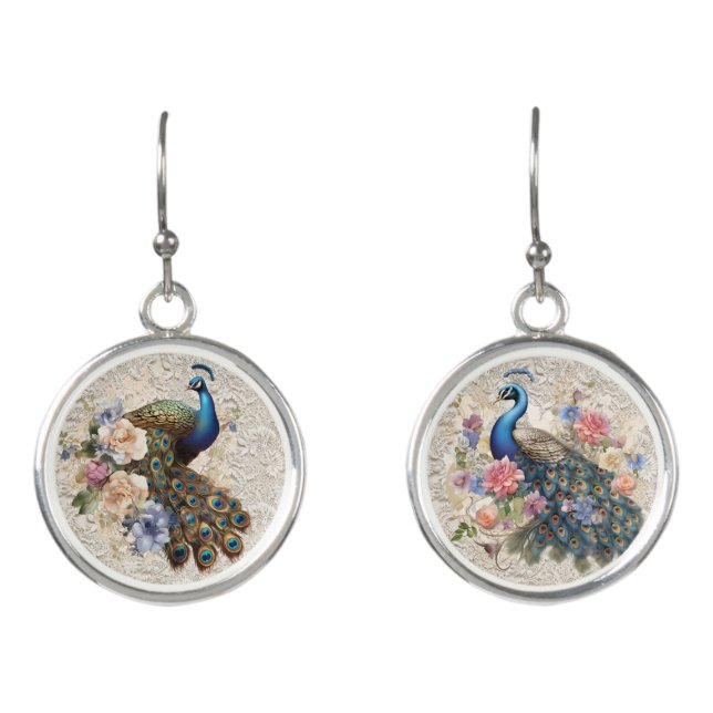 Peacocks Flowers and Lace Earrings (Front)