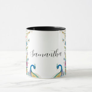 Peacocks frame with watercolor flowers mug