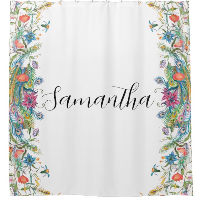 Peacocks frame with watercolor flowers shower curtain (Front)