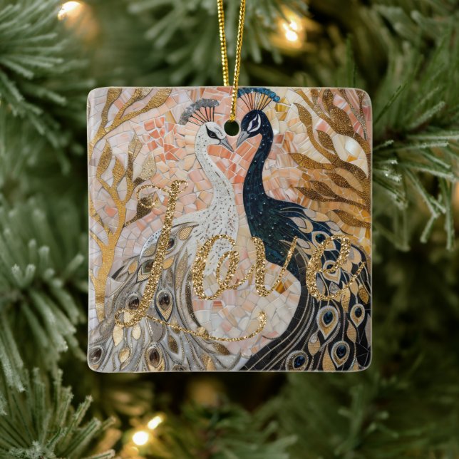 Peacocks Gold Glitter Love Blush Rose  Ceramic Ornament (Tree)