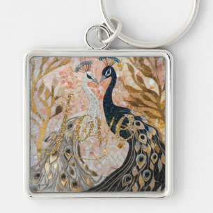 Peacocks Gold Glitter Love Blush Rose Keychain