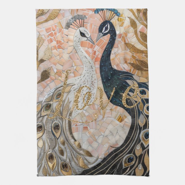 Peacocks Gold Glitter Love Blush Rose  Kitchen Towel (Vertical)