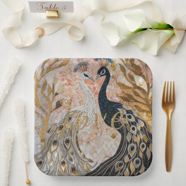 Peacocks Gold Glitter Love Blush Rose  Paper Plates (Wedding)