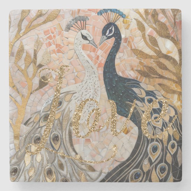 Peacocks Gold Glitter Love Blush Rose  Stone Coaster (Front)