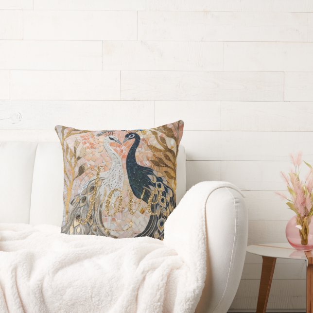 Peacocks Gold Glitter Love Blush Rose  Throw Pillow (Couch)