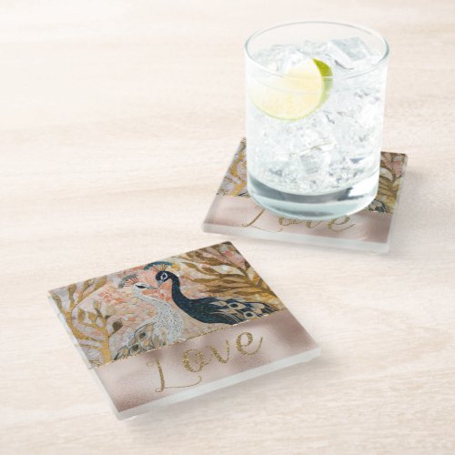 Peacocks Gold Glitter Love Blush Rose Wedding Glass Coaster