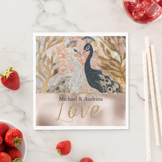 Peacocks Gold Glitter Love Blush Rose Wedding Napkins (Insitu)