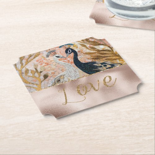 Peacocks Gold Glitter Love Blush Rose Wedding Paper Coaster