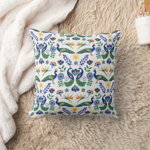 Peacocks hand painted in folk style on white throw pillow