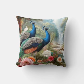 Peacocks in Flower Garden  Teal Blue Throw Pillow