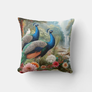 Peacocks in Flower Garden Teal Blue Throw Pillow