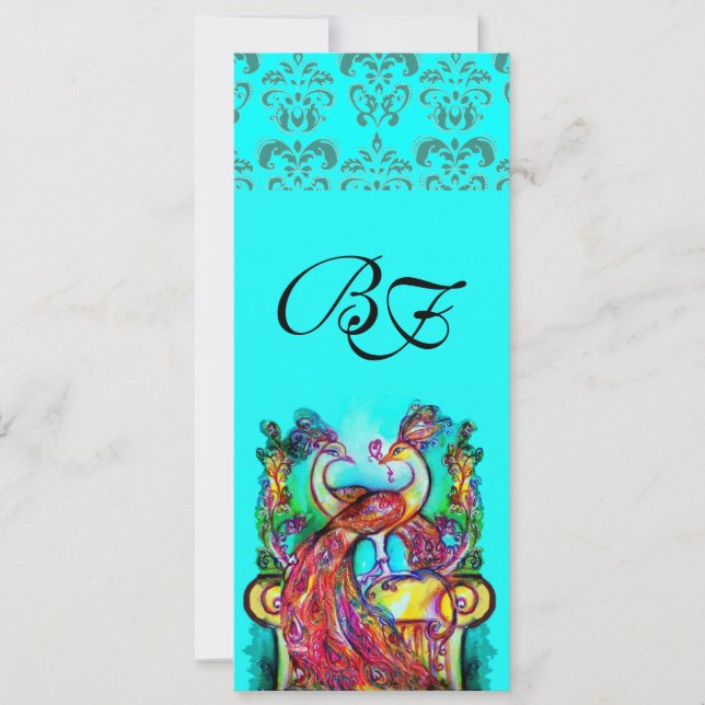 PEACOCKS IN LOVE AQUA BLUE TEAL  DAMASK MONOGRAM INVITATION (Front)